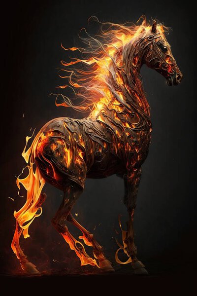 Красивое цифровое изображение адской черной лошади в огне. Абстрактная футуристическая лошадь.
