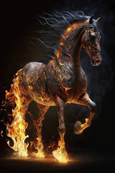 一个美丽的数字图像一个地狱的黑马着火了 抽象的未来主义马 — 图库照片