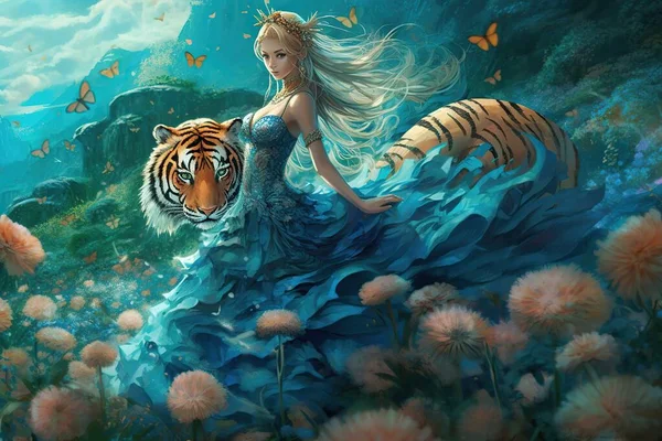 Модная Молодая Привлекательная Женщина Праздничном Винтажном Синем Платье Могучим Тигром — стоковое фото