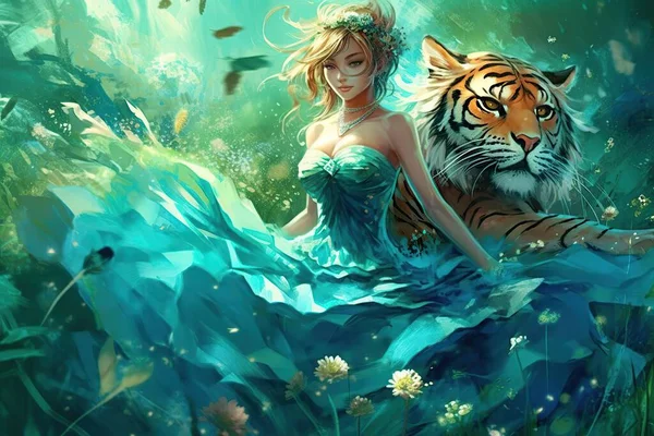 強力な虎とお祝いのヴィンテージブルーのドレスでファッショナブルな若い魅力的な女性 美しさと強さの概念 — ストック写真