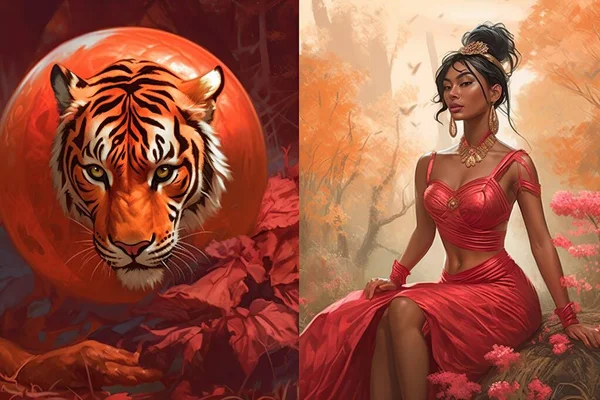 Mulher Atraente Jovem Moda Vestido Vermelho Vintage Festivo Com Tigre — Fotografia de Stock