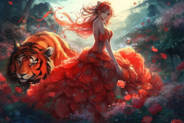 Модная Молодая Привлекательная Женщина Праздничном Винтажном Красном Платье Могучим Тигром — стоковое фото