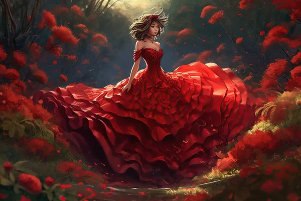 Mulher Estilo Anime Bonito Futurista Abstrato Vestido Baile Vermelho Chique — Fotografia de Stock