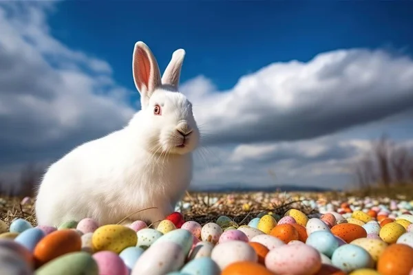 부활절 토끼가 과푸른 하늘을 배경으로 색깔있는 — 스톡 사진