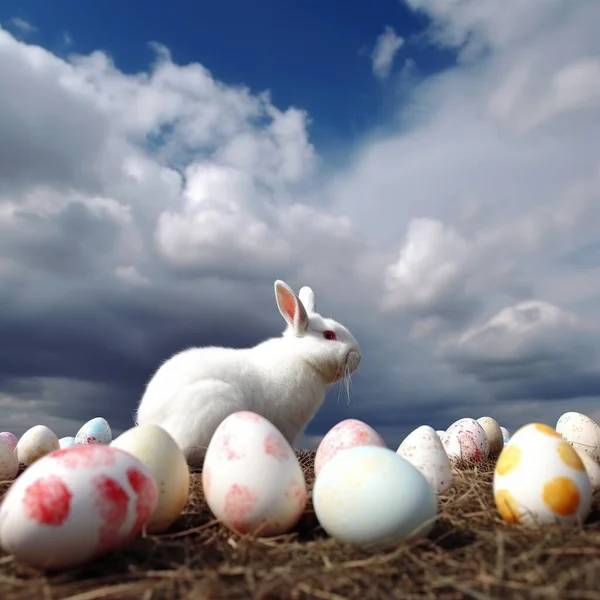 Enorme Conejo Pascua Sienta Sobre Huevos Colores Contra Telón Fondo —  Fotos de Stock