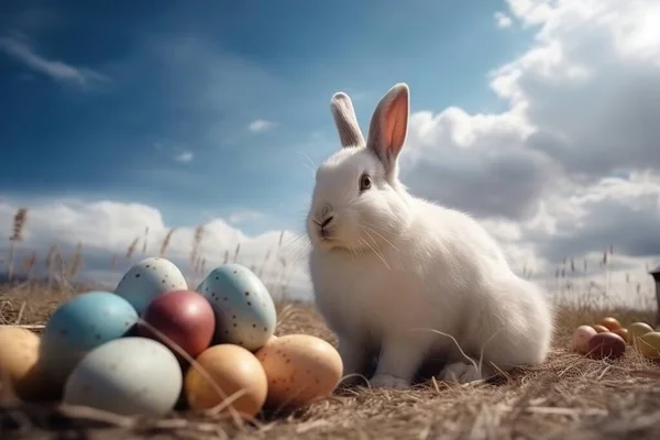 Enorme Conejo Pascua Sienta Sobre Huevos Colores Contra Telón Fondo — Foto de Stock