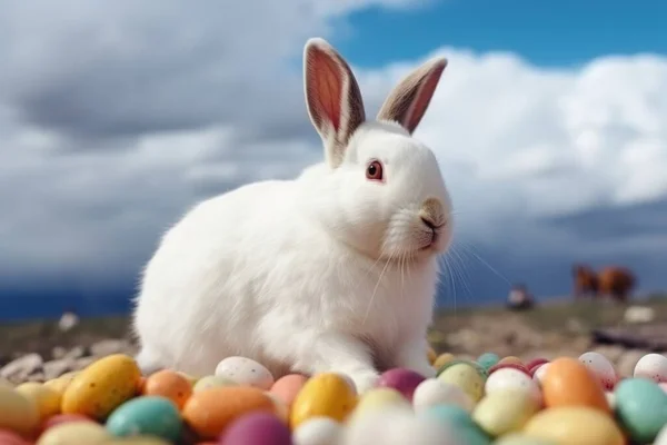 一只巨大的复活节兔子 在春天的大自然和蓝天的背景下 坐在彩蛋之上 — 图库照片