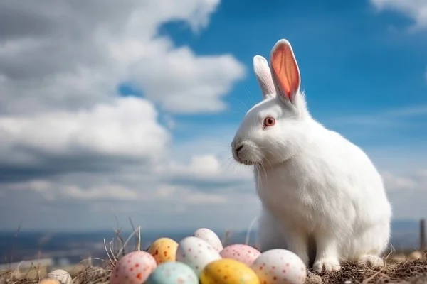 Obrovský Velikonoční Králík Sedí Nad Barevnými Vejci Pozadí Jarní Přírody — Stock fotografie
