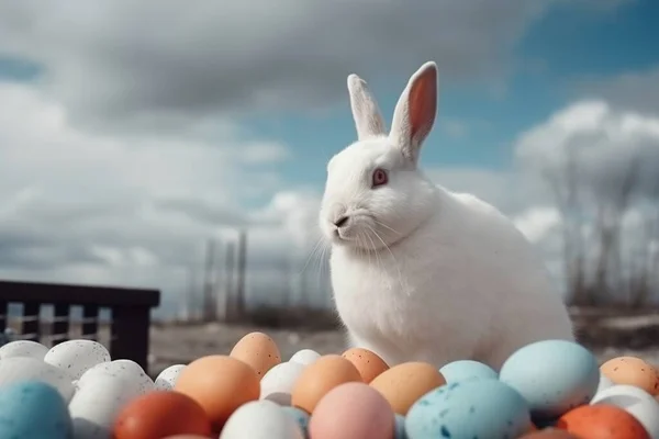 Stor Påskehare Sitter Fargede Egg Bakgrunnen Vår Natur Blå Himmel – stockfoto