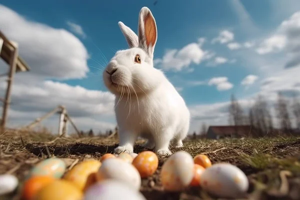 Enorme Conejo Pascua Sienta Sobre Huevos Colores Contra Telón Fondo — Foto de Stock