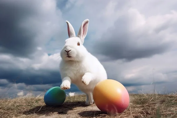 Büyük Bir Paskalya Tavşanı Renkli Yumurtaların Üzerine Oturur Baharın Arka — Stok fotoğraf