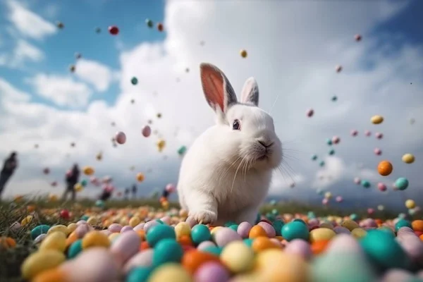 一只巨大的复活节兔子 在春天的大自然和蓝天的背景下 坐在彩蛋之上 — 图库照片