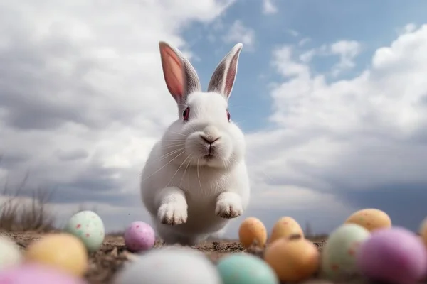 Büyük Bir Paskalya Tavşanı Renkli Yumurtaların Üzerine Oturur Baharın Arka — Stok fotoğraf
