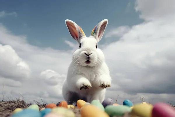 Paskalya Tavşanı Renkli Yumurtaların Üzerinden Atlıyor Baharın Arka Planına Mavi — Stok fotoğraf