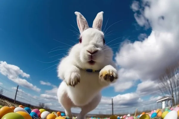 Пасхальный Милый Кролик Прыгает Через Цветные Яйца Фоне Весенней Природы — стоковое фото