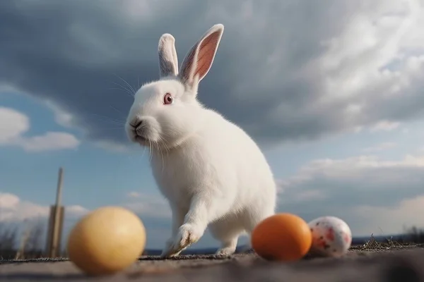 Enorme Conejo Pascua Sienta Sobre Huevos Colores Contra Telón Fondo —  Fotos de Stock