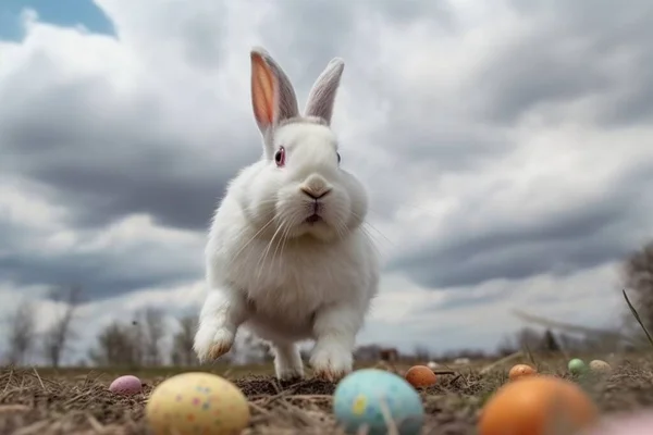 Ein Riesiger Osterhase Sitzt Über Bunten Eiern Vor Dem Hintergrund — Stockfoto