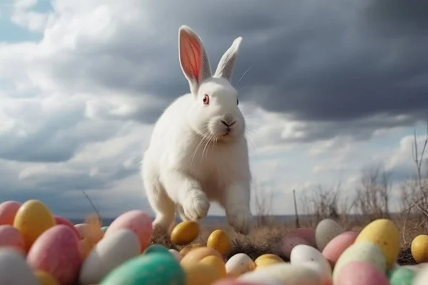 Огромный Пасхальный Кролик Сидит Над Цветными Яйцами Фоне Весенней Природы — стоковое фото