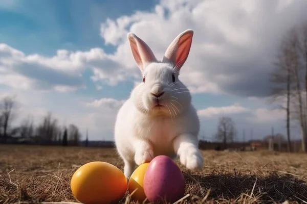 A huge Easter rabbit sits over colored eggs against the backdrop of spring nature and blue sky