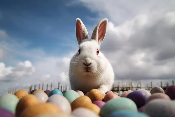 A huge Easter rabbit sits over colored eggs against the backdrop of spring nature and blue sky