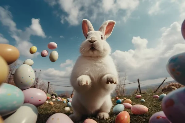 复活节可爱的兔子在春天的自然和蓝天的背景下跳过彩蛋 — 图库照片