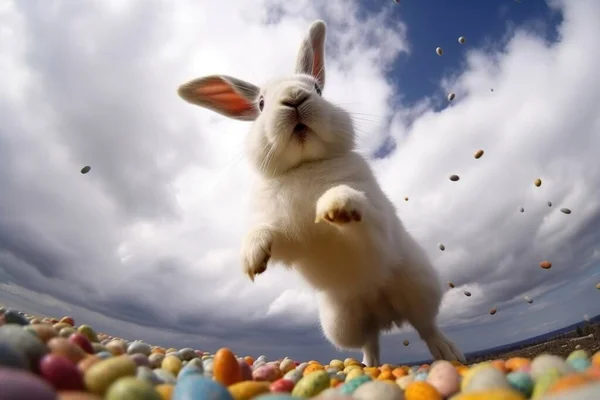 Paskalya Tavşanı Renkli Yumurtaların Üzerinden Atlıyor Baharın Arka Planına Mavi — Stok fotoğraf