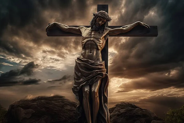 Ukřižování Ježíše Krista Kříži Proti Dramatickému Nebi Náboženské Pojetí Víry — Stock fotografie