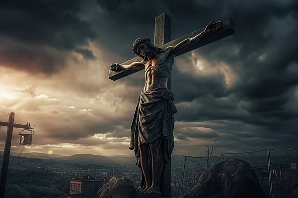 Распятие Иисуса Христа Кресте Против Драматического Неба Религиозное Представление Вере — стоковое фото