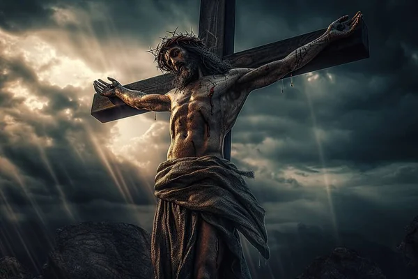 Crucificação Jesus Cristo Cruz Contra Céu Dramático Conceito Religioso Deus — Fotografia de Stock