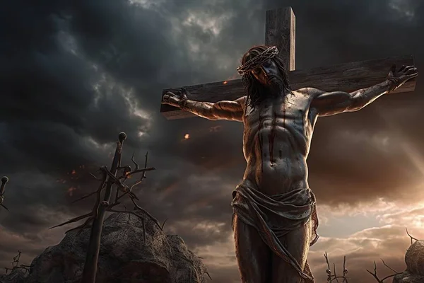 Crucifixión Jesucristo Cruz Contra Cielo Dramático Concepto Religioso Dios —  Fotos de Stock