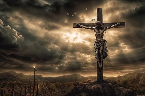 Crucifixión Jesucristo Cruz Contra Cielo Dramático Concepto Religioso Dios —  Fotos de Stock