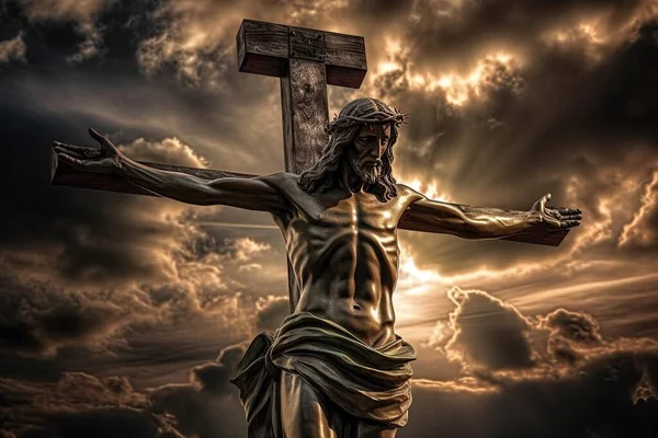 Σταύρωση Του Ιησού Χριστού Στο Σταυρό Ενάντια Έναν Δραματικό Ουρανό — Φωτογραφία Αρχείου