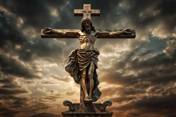 Распятие Иисуса Христа Кресте Против Драматического Неба Религиозное Представление Вере — стоковое фото