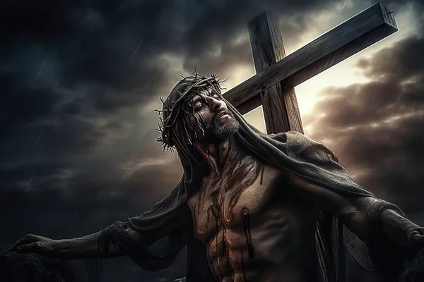 Răstignirea Lui Isus Hristos Cruce Împotriva Unui Cer Dramatic Conceptul — Fotografie, imagine de stoc