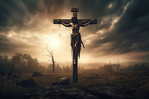 Розп Яття Ісуса Христа Хресті Проти Драматичного Неба Релігійне Поняття — стокове фото