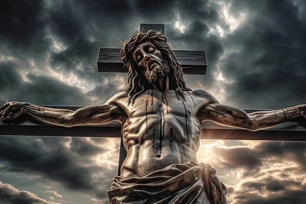 耶稣被钉在十字架上的十字架上 与戏剧性的天空相对照 信仰上帝的宗教概念 — 图库照片
