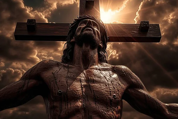 Crucifixión Jesucristo Cruz Contra Cielo Dramático Concepto Religioso Dios — Foto de Stock