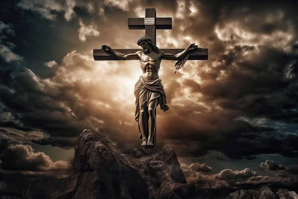 Ukřižování Ježíše Krista Kříži Proti Dramatickému Nebi Náboženské Pojetí Víry — Stock fotografie