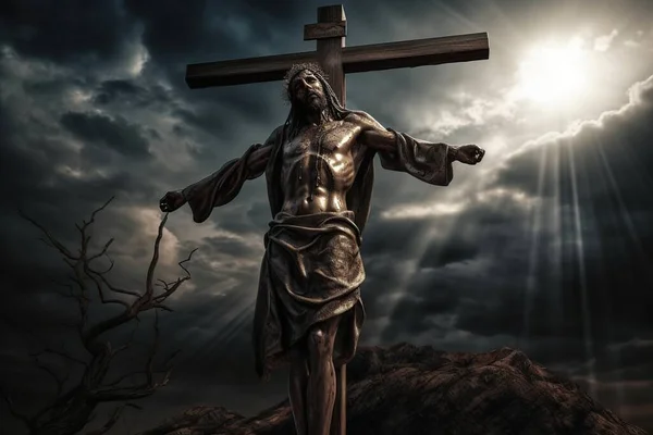 Σταύρωση Του Ιησού Χριστού Στο Σταυρό Ενάντια Έναν Δραματικό Ουρανό — Φωτογραφία Αρχείου