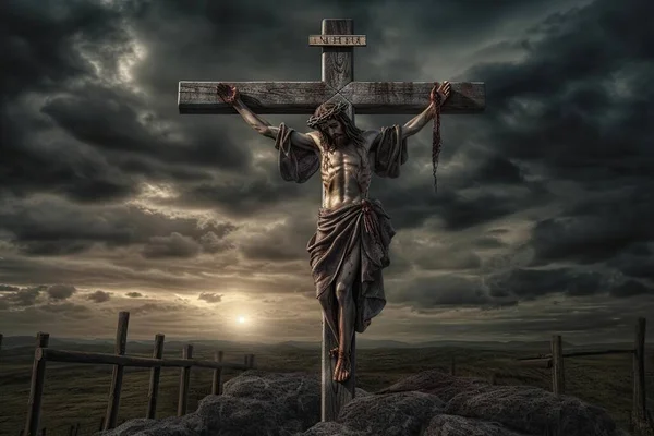 耶稣被钉在十字架上的十字架上 与戏剧性的天空相对照 信仰上帝的宗教概念 — 图库照片