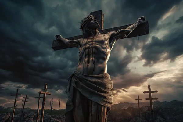 Crucifixion Jesus Christ Cross Dramatic Sky Religious Concept Faith God — Stock Photo, Image