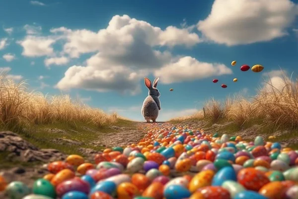 Juguete Dibujos Animados Conejo Pascua Campo Junto Huevos Colores Contra — Foto de Stock