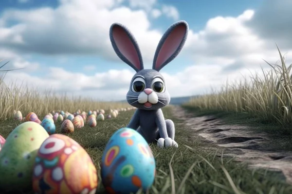 Juguete Dibujos Animados Conejo Pascua Campo Junto Huevos Colores Contra —  Fotos de Stock