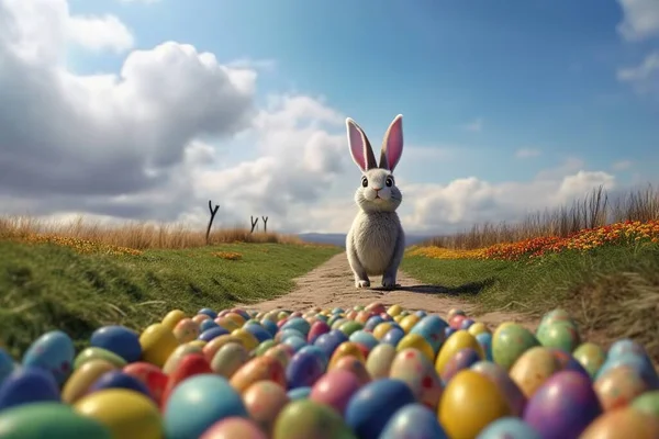 Karikatür Oyuncağı Paskalya Tavşanı Rengarenk Yumurtaların Yanında Ilkbahar Mavi Gökyüzünün — Stok fotoğraf