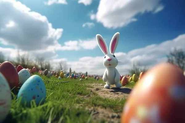 卡通玩具复活节兔子在田野里的彩蛋旁边 背景是春天的自然和蓝天 — 图库照片