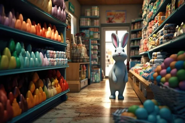 Cartoon toy easter bunny in the store near the shelves with colored eggs. Easter holiday concept for kids