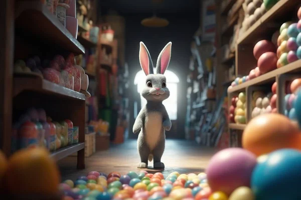 Cartoon toy easter bunny in the store near the shelves with colored eggs. Easter holiday concept for kids