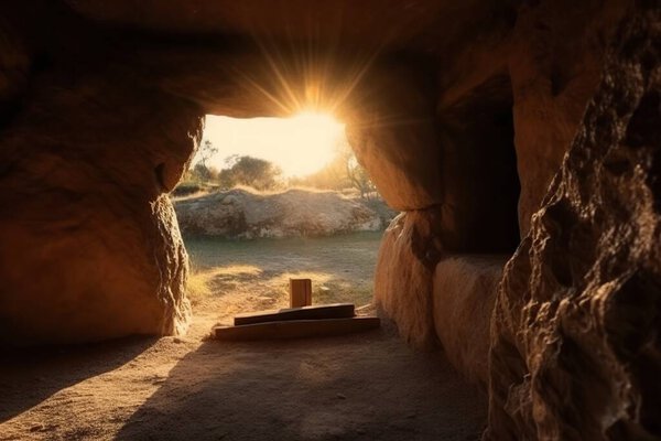 View from an inhabited stone cave with wooden benches. The rays of the spring sun illuminate the stone moat overlooking the Orthodox cross. Religious concept of the bright holiday of Easter
