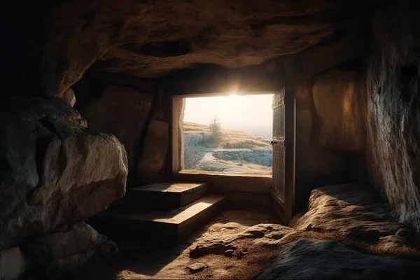 stock image View from an inhabited stone cave with wooden benches. The rays of the spring sun illuminate the stone moat overlooking the Orthodox cross. Religious concept of the bright holiday of Easter