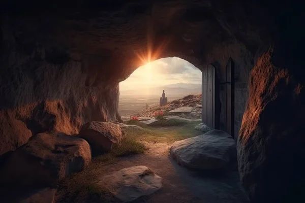 木製のベンチがある居住石の洞窟からの眺め 春の太陽の光が正十字を見下ろす石造りの堀を照らします イースターの明るい休日の宗教的な概念 — ストック写真